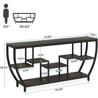 Modern Industrial 70-inch Long Narrow Console Sofa Table with Black Wood Shelves FastFurnishings