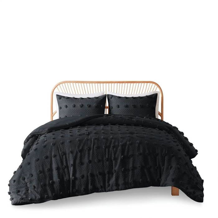 King/Cal King 3 Piece Pompom Microfiber Hypoallergenic Comforter Set in Black FastFurnishings