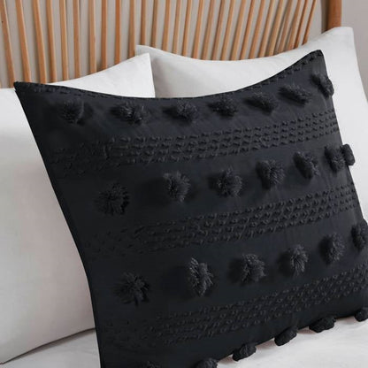 King/Cal King 3 Piece Pompom Microfiber Hypoallergenic Comforter Set in Black FastFurnishings