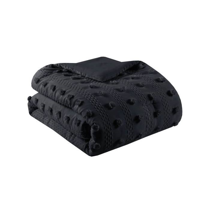 King/Cal King 3 Piece Pompom Microfiber Hypoallergenic Comforter Set in Black FastFurnishings