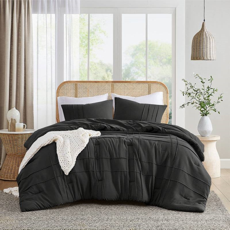 King size Pre-Washed Pleated Microfiber Comforter Set in Black FastFurnishings