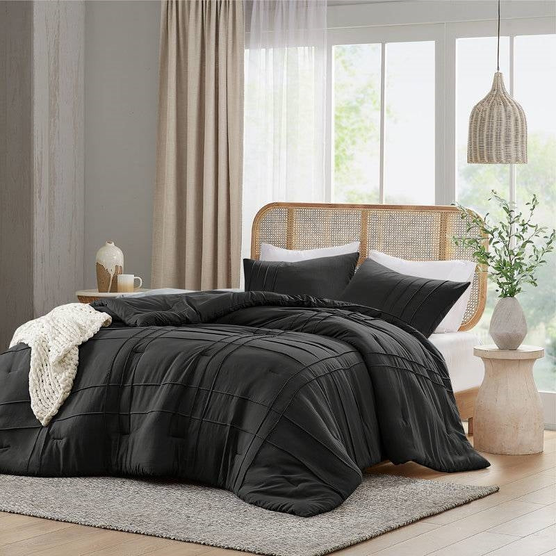 King size Pre-Washed Pleated Microfiber Comforter Set in Black FastFurnishings