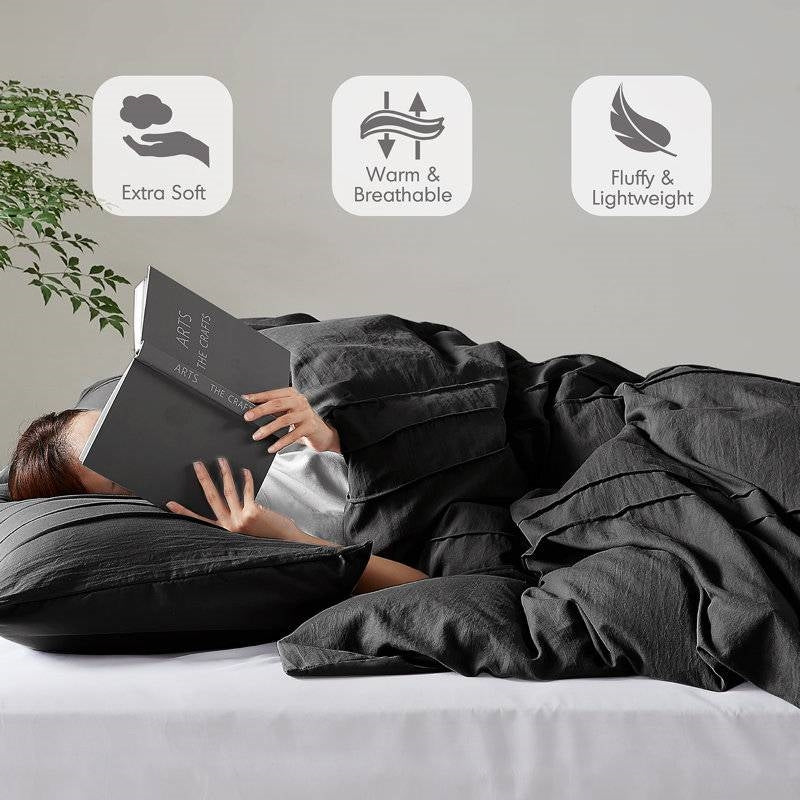 King size Pre-Washed Pleated Microfiber Comforter Set in Black FastFurnishings