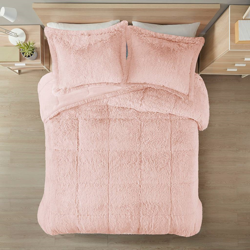 Full/Queen Pink Blush Soft Sherpa Faux Fur 3-Piece Comforter Set FastFurnishings
