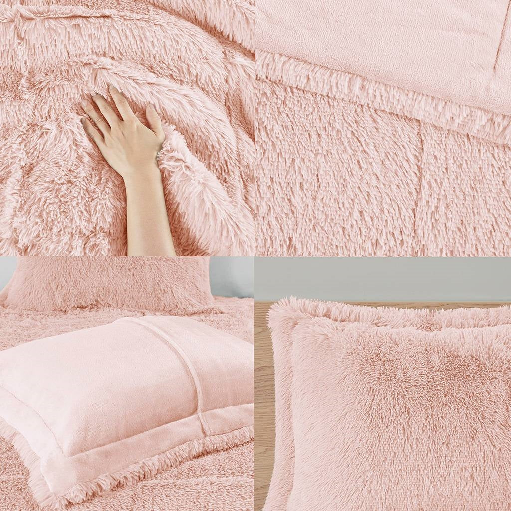 Full/Queen Pink Blush Soft Sherpa Faux Fur 3-Piece Comforter Set FastFurnishings