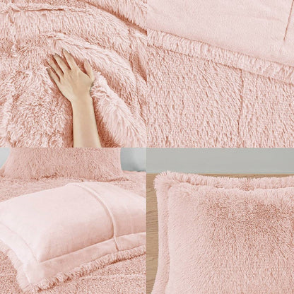 Full/Queen Pink Blush Soft Sherpa Faux Fur 3-Piece Comforter Set FastFurnishings