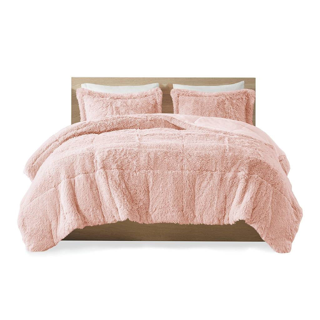 Full/Queen Pink Blush Soft Sherpa Faux Fur 3-Piece Comforter Set FastFurnishings