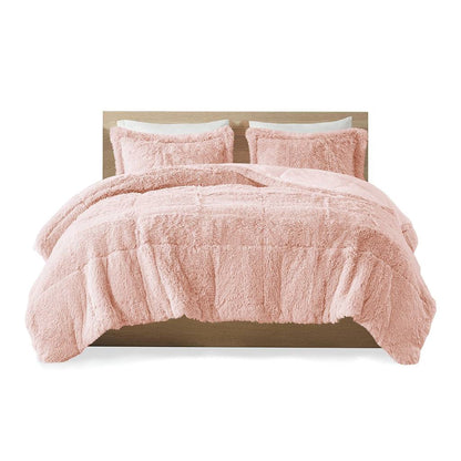 Full/Queen Pink Blush Soft Sherpa Faux Fur 3-Piece Comforter Set FastFurnishings