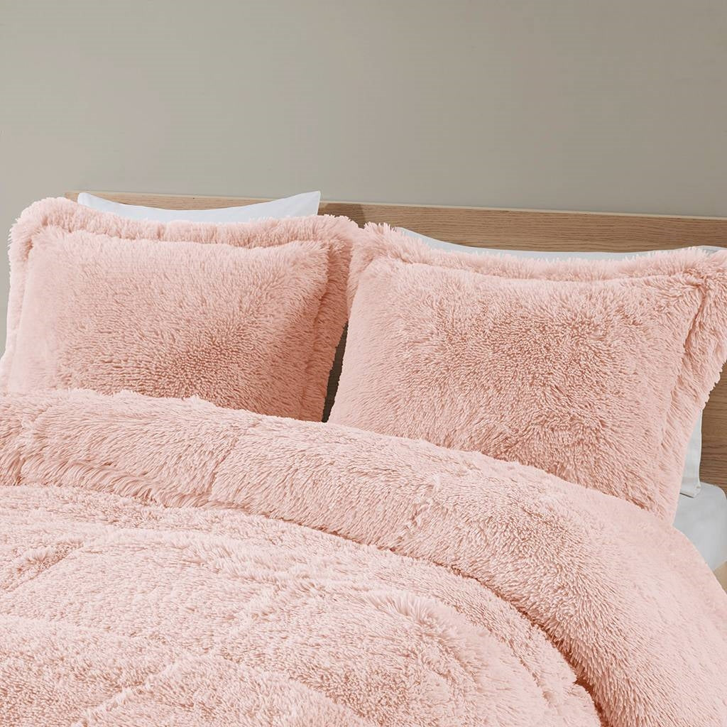 Full/Queen Pink Blush Soft Sherpa Faux Fur 3-Piece Comforter Set FastFurnishings