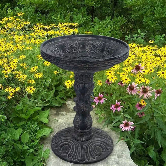 Outdoor Garden Fiberglass Bird Bath in Black Charcoal Stone Finish FastFurnishings