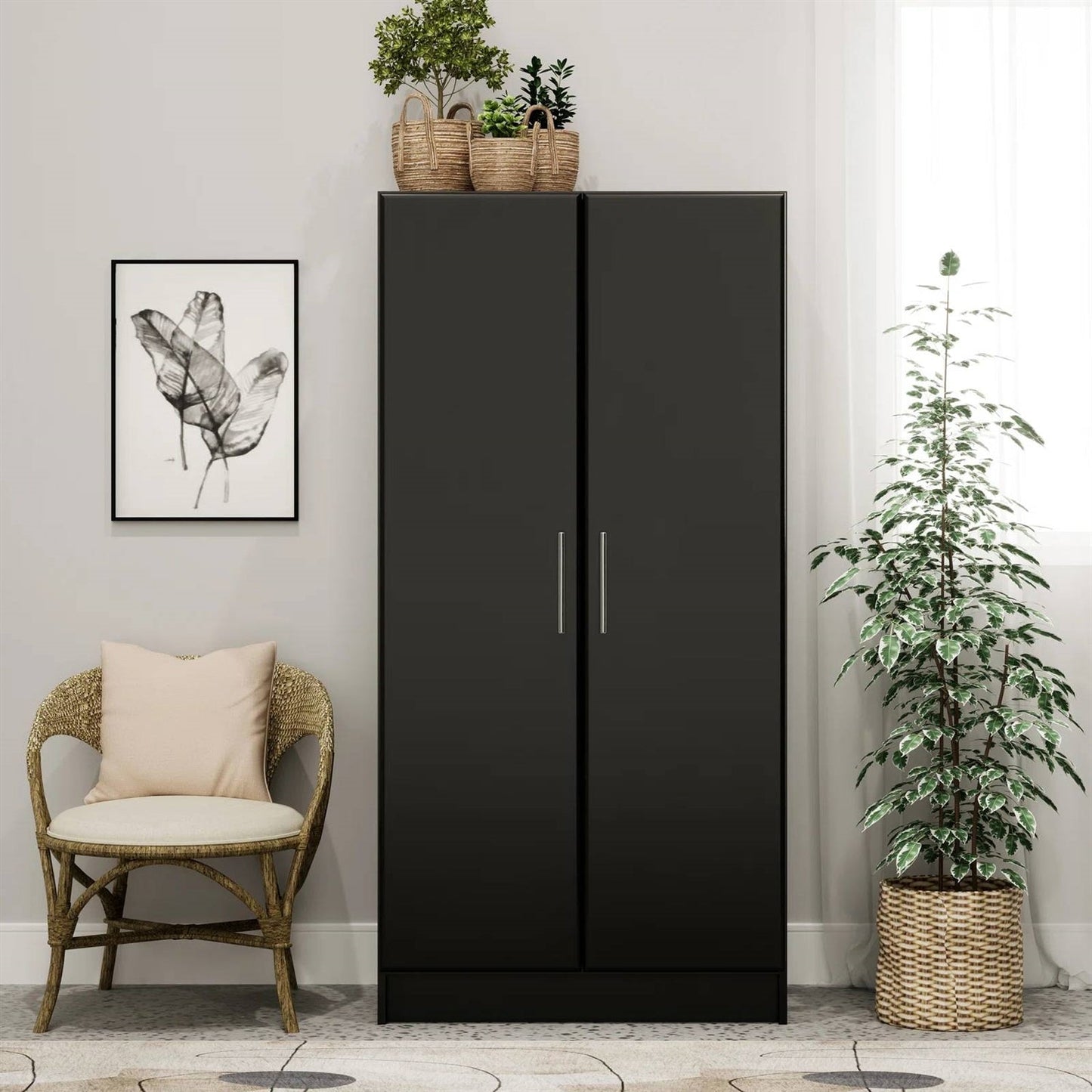 Bedroom Armoire Wardrobe Cabinet with Hanging Rail in Black Wood Finish FastFurnishings