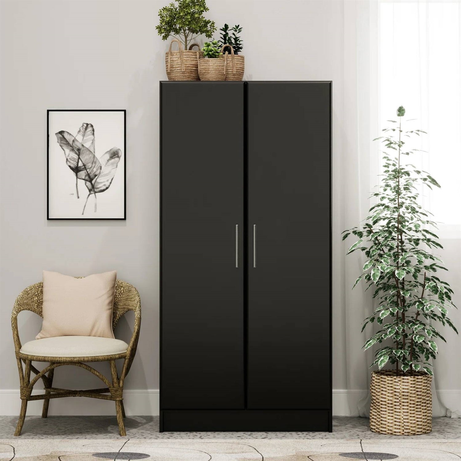 Bedroom Armoire Wardrobe Cabinet with Hanging Rail in Black Wood Finish FastFurnishings