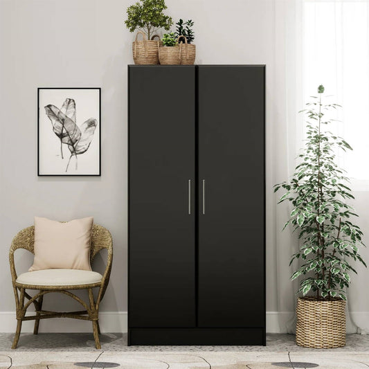 Bedroom Armoire Wardrobe Cabinet with Hanging Rail in Black Wood Finish FastFurnishings