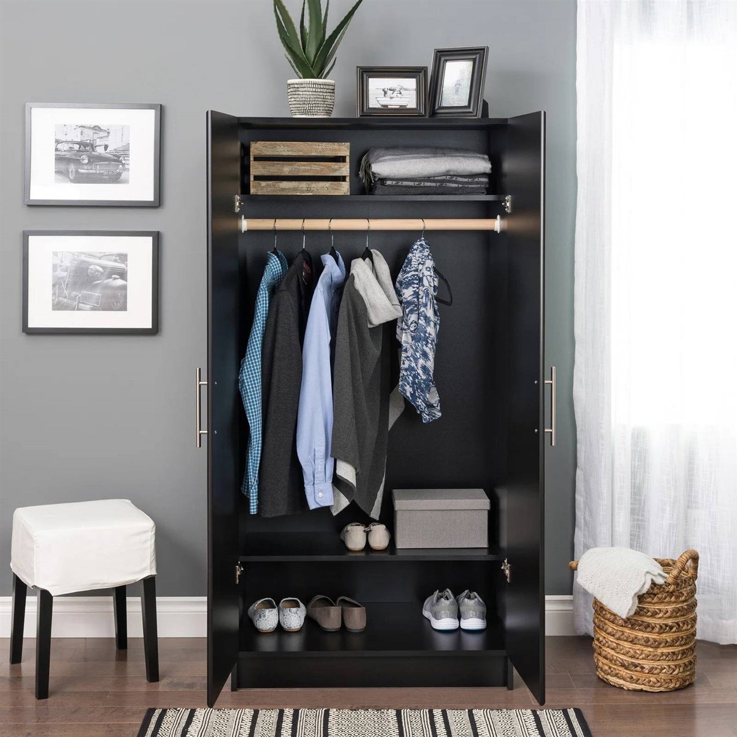 Bedroom Armoire Wardrobe Cabinet with Hanging Rail in Black Wood Finish FastFurnishings