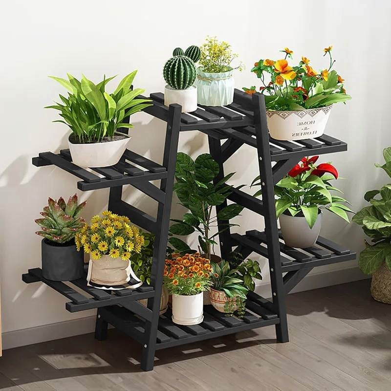 Indoor Outdoor Black Bamboo Wood 6-Shelf Flower Pot Plant Stand FastFurnishings