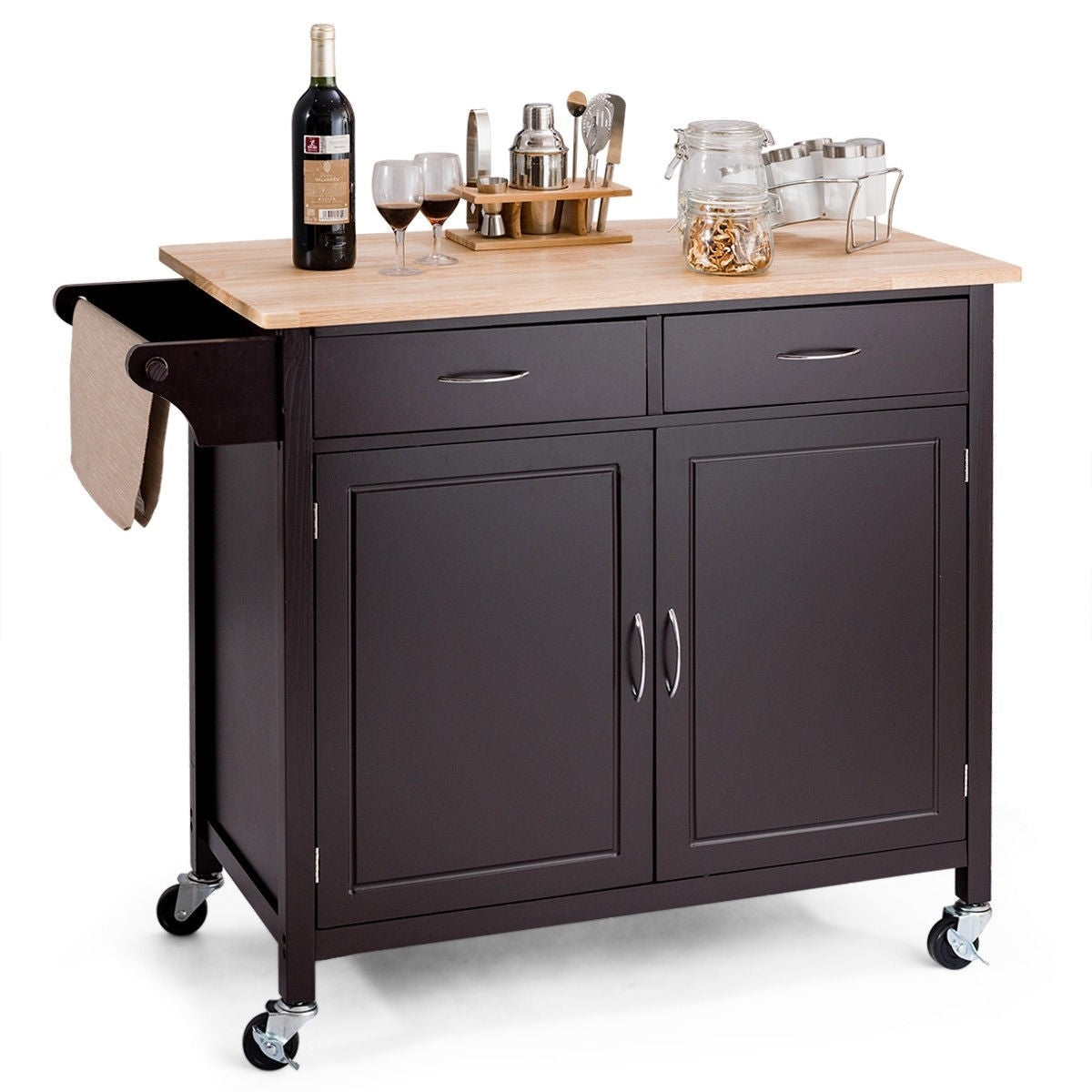 Brown Kitchen Island Storage Cart with Wood Top and Casters FastFurnishings