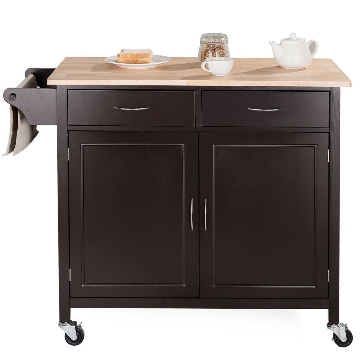 Brown Kitchen Island Storage Cart with Wood Top and Casters FastFurnishings