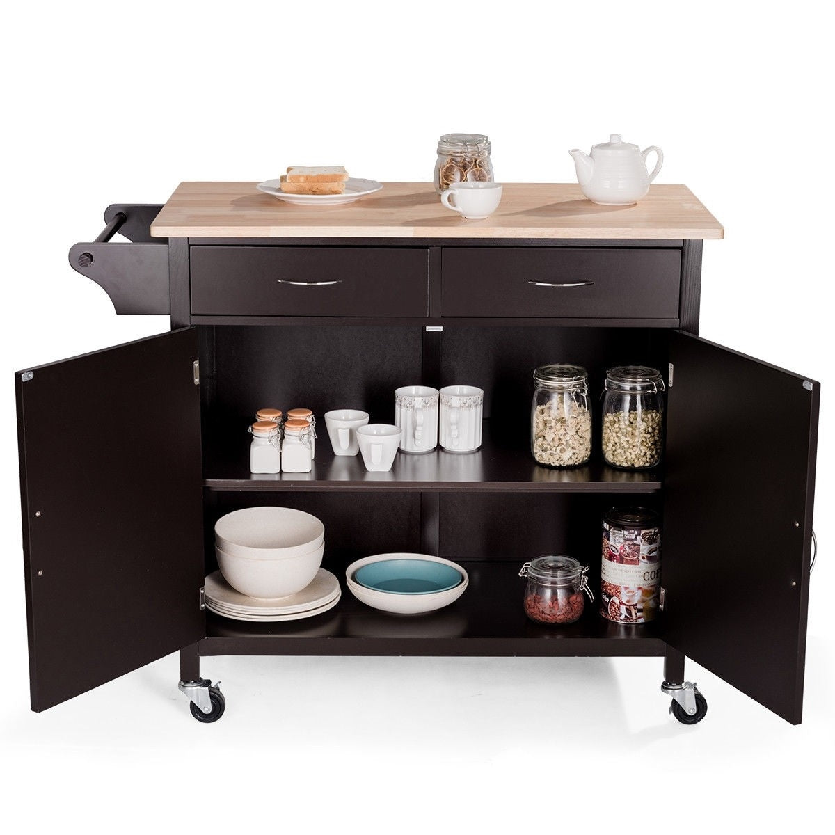 Brown Kitchen Island Storage Cart with Wood Top and Casters FastFurnishings