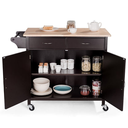 Brown Kitchen Island Storage Cart with Wood Top and Casters FastFurnishings