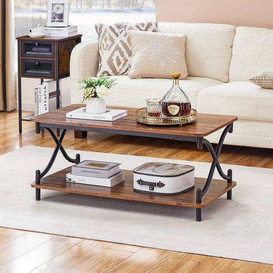 Modern Industrial Black Metal Brown Wood Coffee Table with Lower Storage Shelf