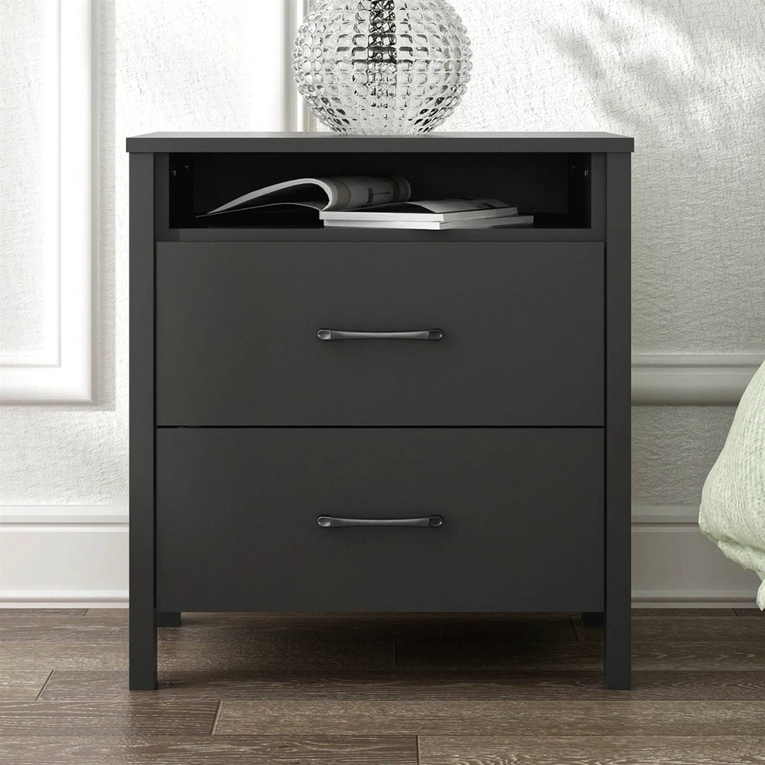 Modern 2-Drawer Nightstand Bedside Table in Black Wood Finish FastFurnishings