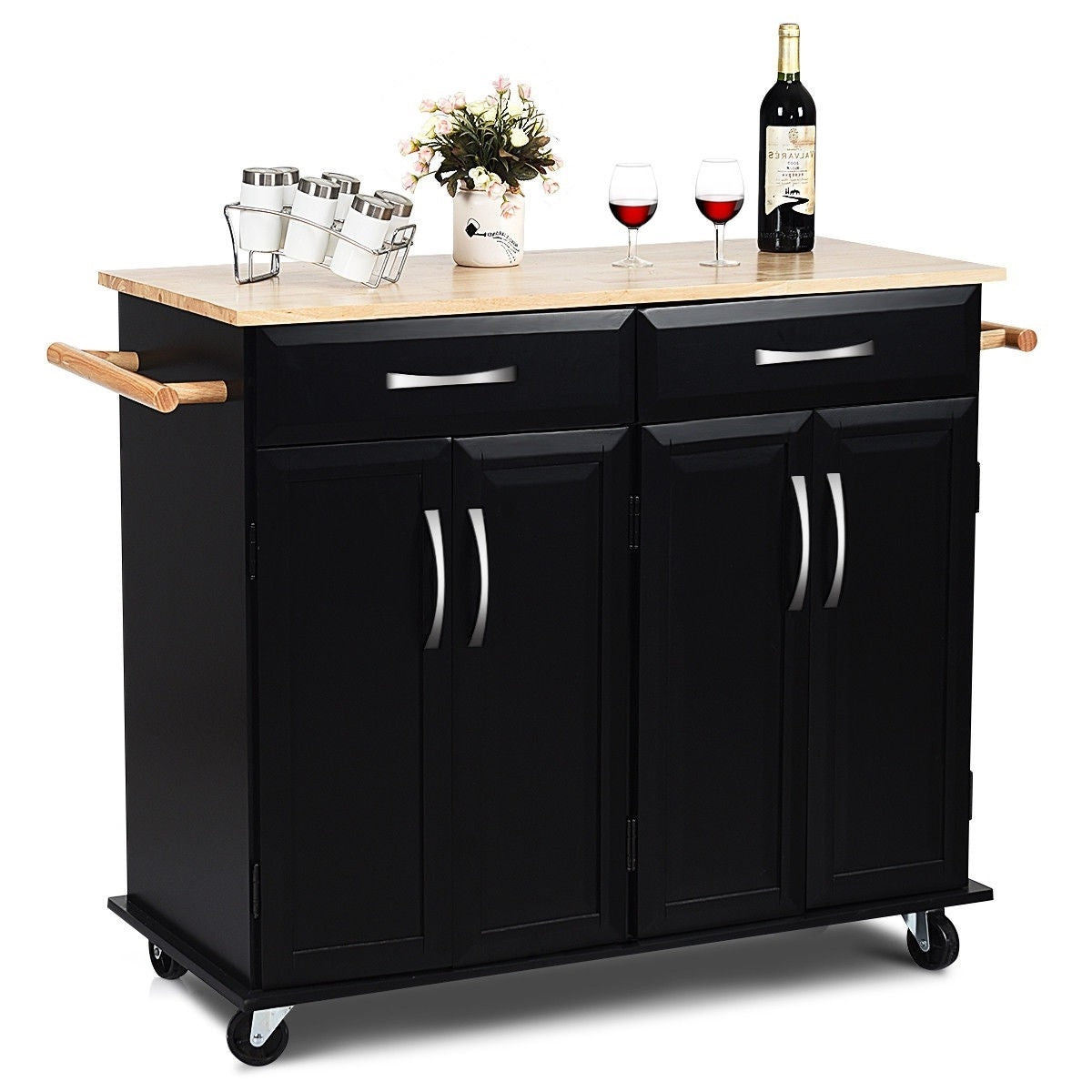 Black Kitchen Island Storage Cabinet Cart with Wood Top and Wheels FastFurnishings