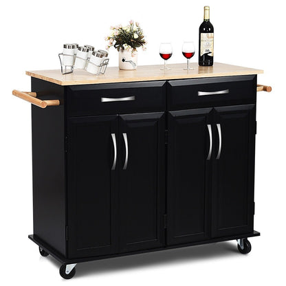 Black Kitchen Island Storage Cabinet Cart with Wood Top and Wheels FastFurnishings