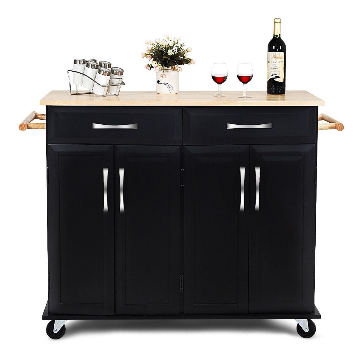 Black Kitchen Island Storage Cabinet Cart with Wood Top and Wheels FastFurnishings