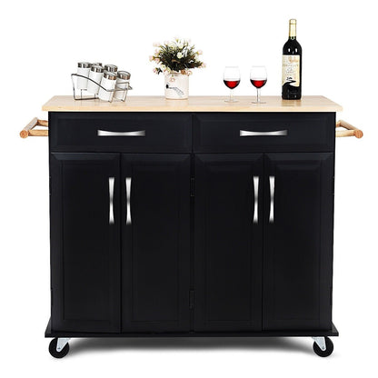 Black Kitchen Island Storage Cabinet Cart with Wood Top and Wheels FastFurnishings