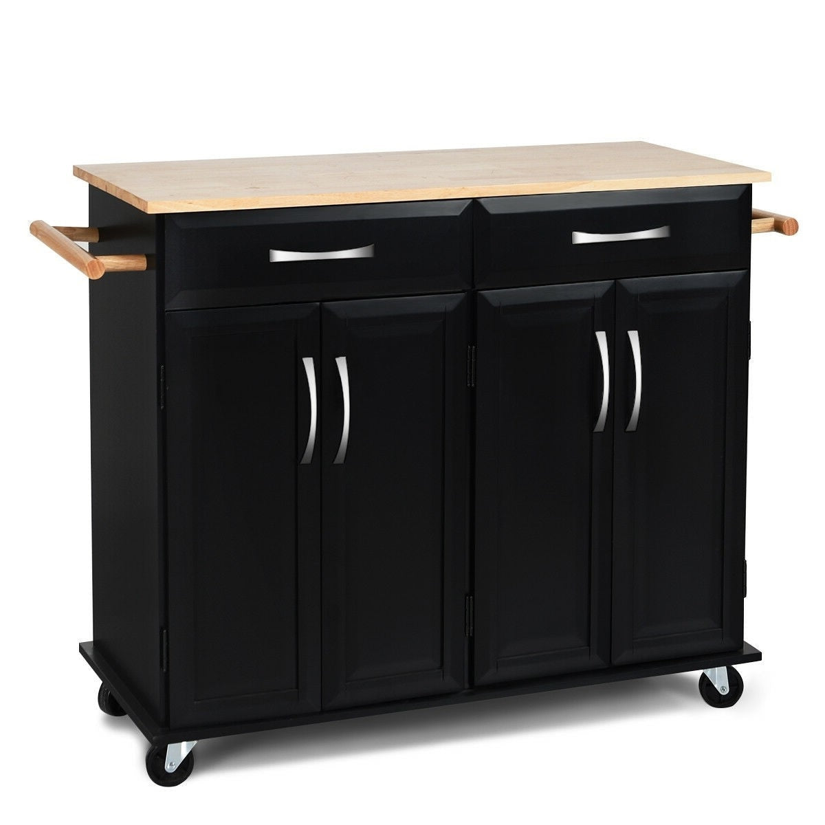 Black Kitchen Island Storage Cabinet Cart with Wood Top and Wheels FastFurnishings