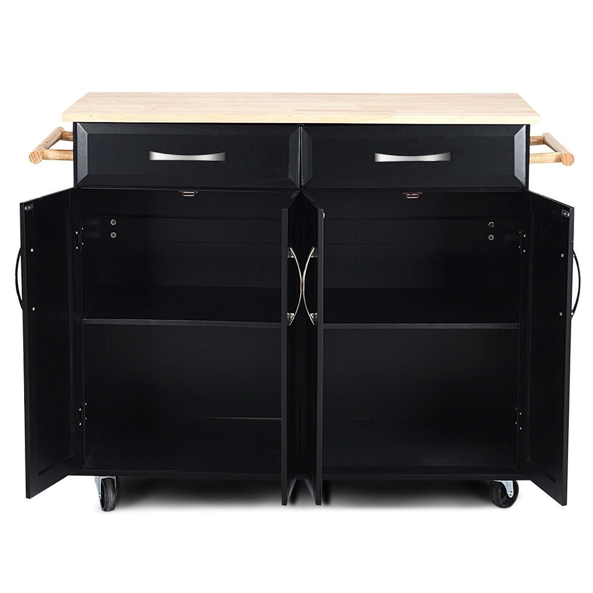 Black Kitchen Island Storage Cabinet Cart with Wood Top and Wheels FastFurnishings