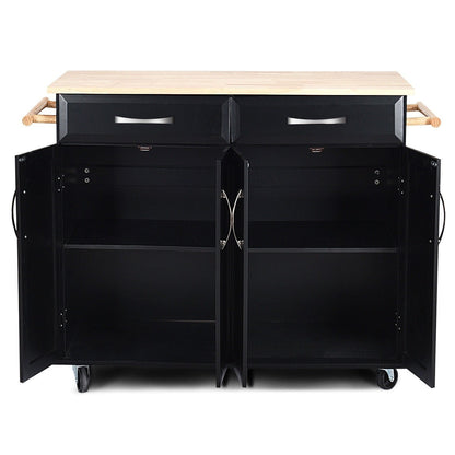 Black Kitchen Island Storage Cabinet Cart with Wood Top and Wheels FastFurnishings