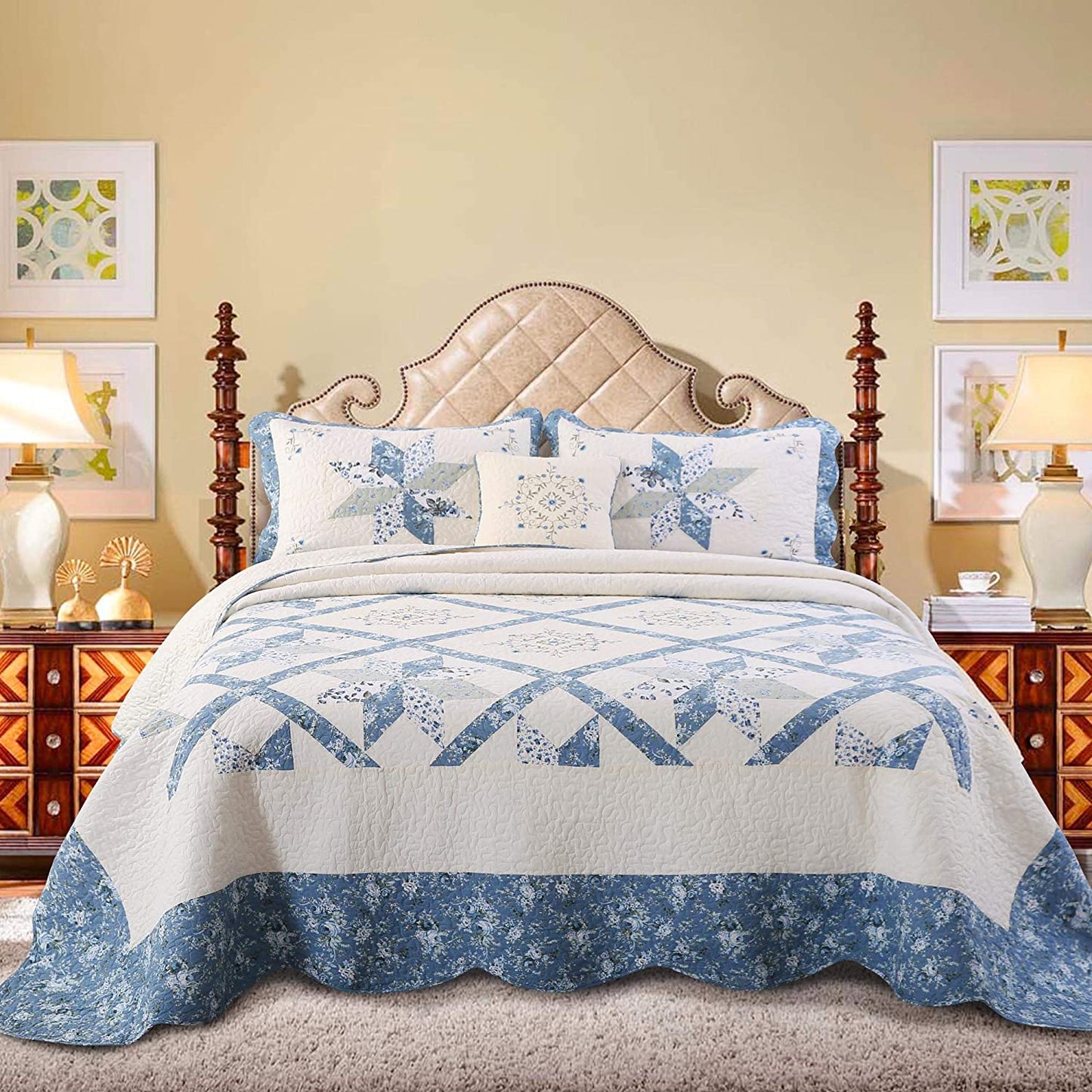 Kasentex 100% Cotton Floral Patchwork Throw Pillow, Blue Kasentex