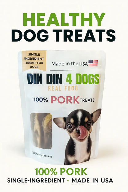 100% Pork Dog Treats, 5 Ounce Bag, Single Ingredient, High Protein Din Din 4 Dogs