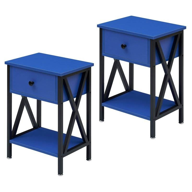 Set of 2 - 1 Drawer Nightstand in Dark Blue and Black FastFurnishings