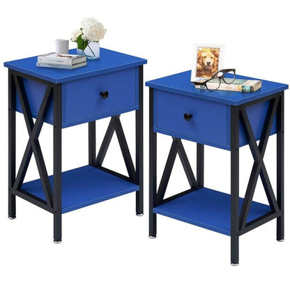 Set of 2 - 1 Drawer Nightstand in Dark Blue and Black FastFurnishings