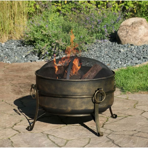 Outdoor 24-inch Diameter Steel Cauldron Wood Burning Fire Pit FastFurnishings