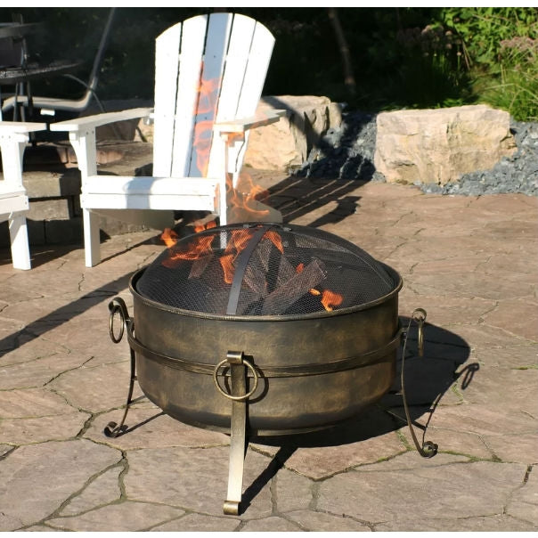 Outdoor 24-inch Diameter Steel Cauldron Wood Burning Fire Pit FastFurnishings