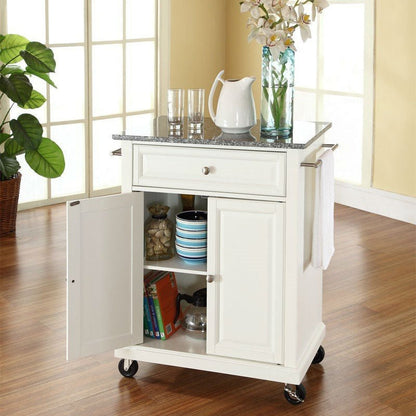 White Kitchen Cart with Granite Top and Locking Casters Wheels FastFurnishings