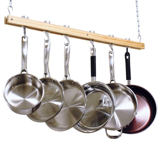 Ceiling Mount Single Bar Wooden Pot Rack with 4 Pan Hooks FastFurnishings