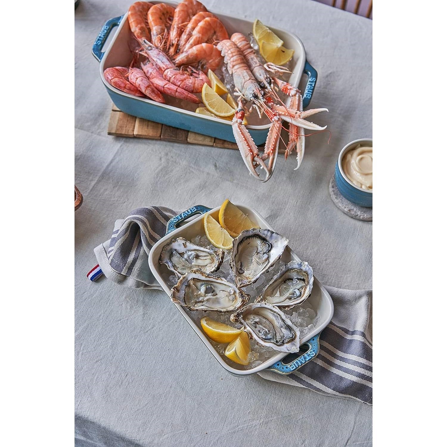 Set of 2 - Ceramic Stoneware Baking Dish Set in Blue Green Turquoise Ivory FastFurnishings