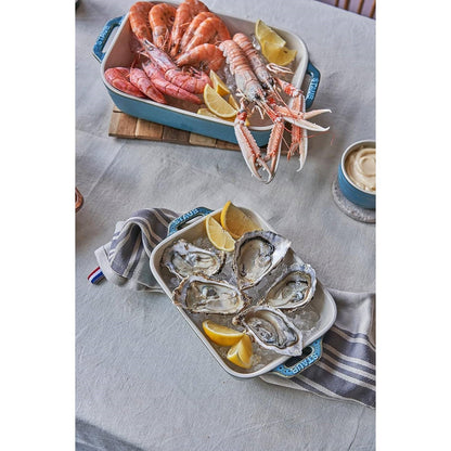 Set of 2 - Ceramic Stoneware Baking Dish Set in Blue Green Turquoise Ivory FastFurnishings