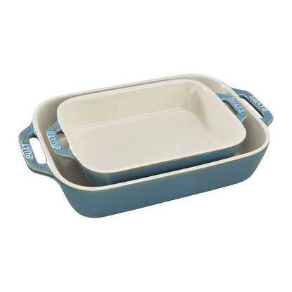 Set of 2 - Ceramic Stoneware Baking Dish Set in Blue Green Turquoise Ivory FastFurnishings