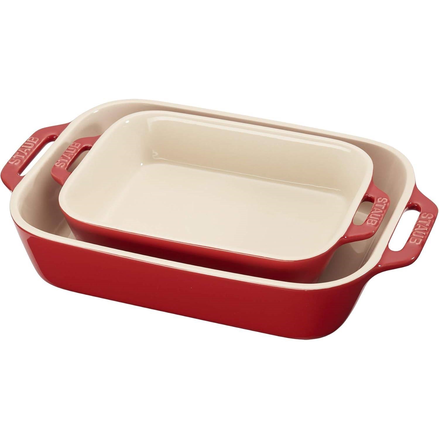 2 Piece Ceramic Stoneware Baking Dish Set in Cherry Red / Ivory FastFurnishings