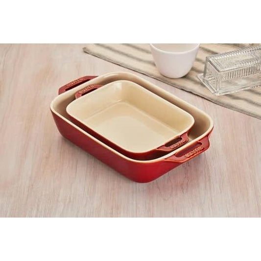 2 Piece Ceramic Stoneware Baking Dish Set in Cherry Red / Ivory FastFurnishings