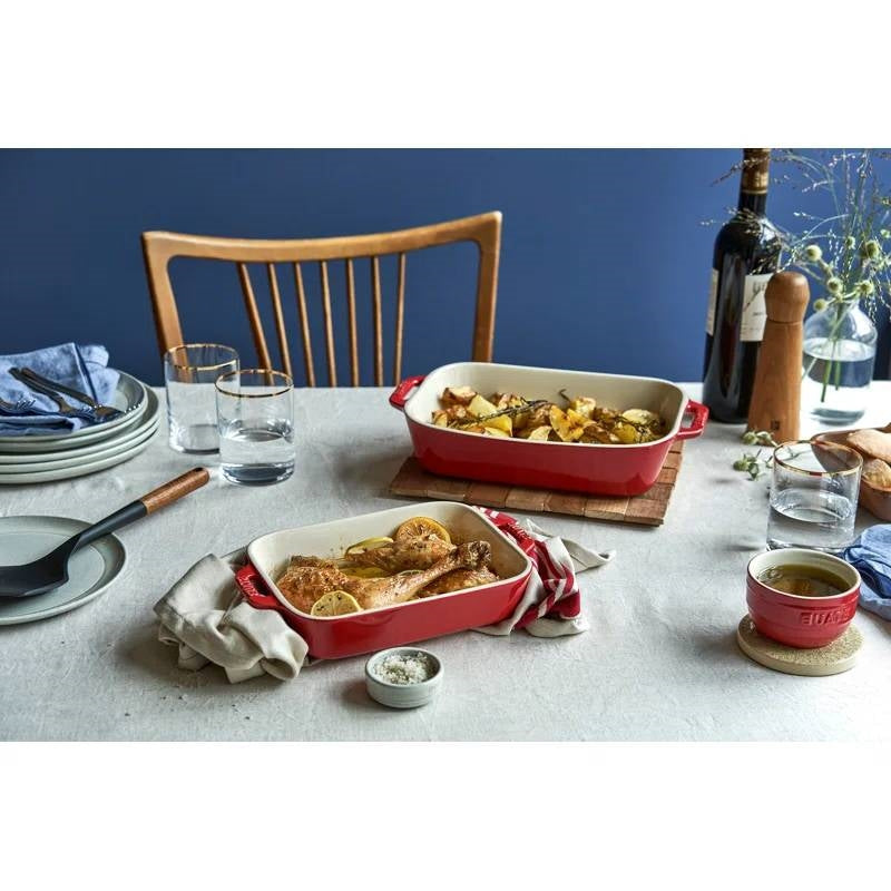 2 Piece Ceramic Stoneware Baking Dish Set in Cherry Red / Ivory FastFurnishings