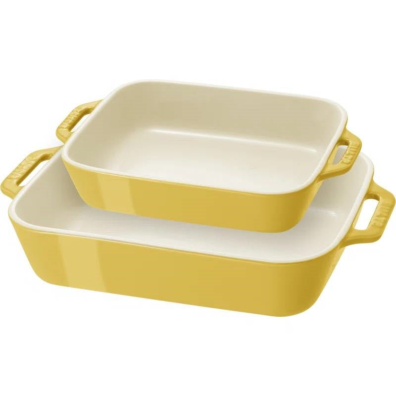 2 Piece Ceramic Stoneware Bakeware Casserole Baking Dish Set in Yellow / Ivory FastFurnishings