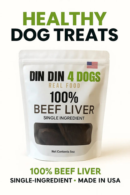 100% Beef Liver Dog Treats, 5 Ounce Bag, Single Ingredient, High Protein Din Din 4 Dogs