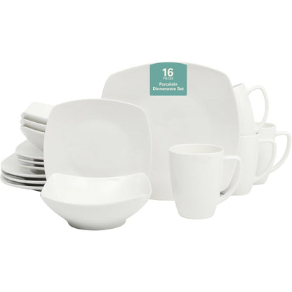 16 Pieces - White Square Porcelain Dinnerware Set - Service for 4 FastFurnishings