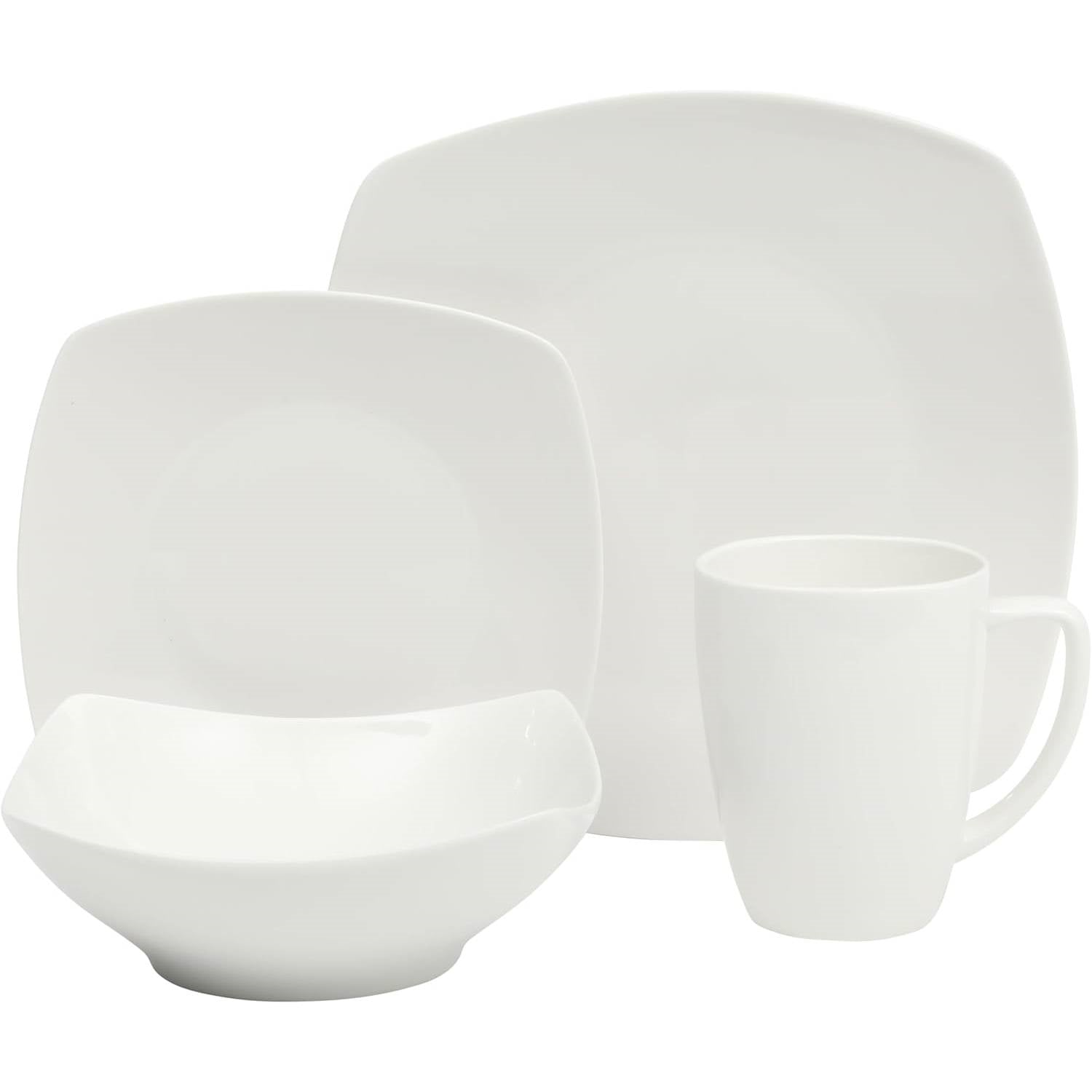 16 Pieces - White Square Porcelain Dinnerware Set - Service for 4 FastFurnishings